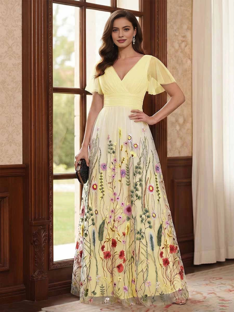 Gorgeous Black A‑Line V‑Neck Flutter‑Sleeve V‑Back Floor‑Length Floral Embroidered Mother Of The Bride Dress