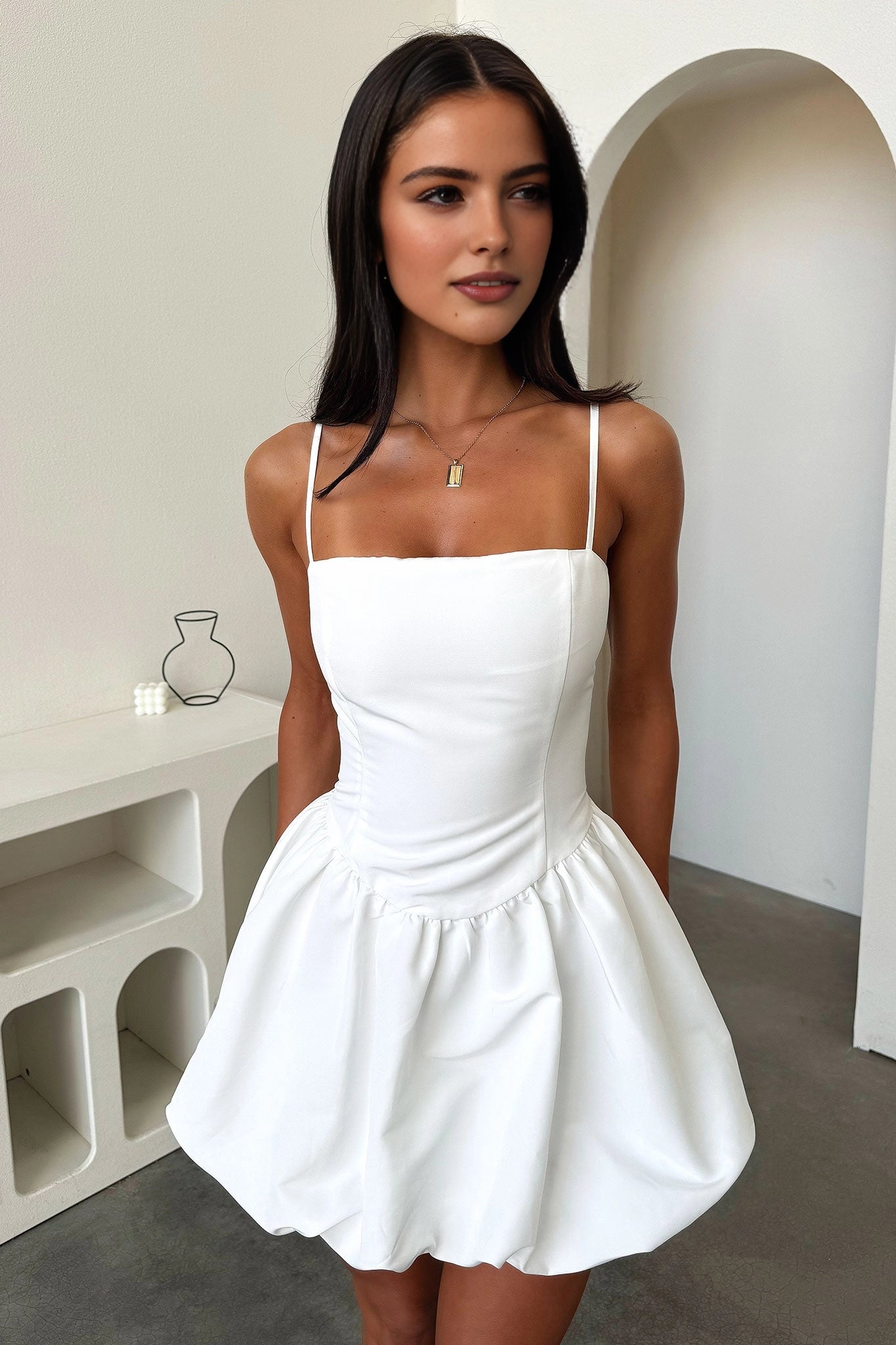 Cute A-Line Square Neck Spaghetti Strap Plain Back Bubble Mini Homecoming Dress