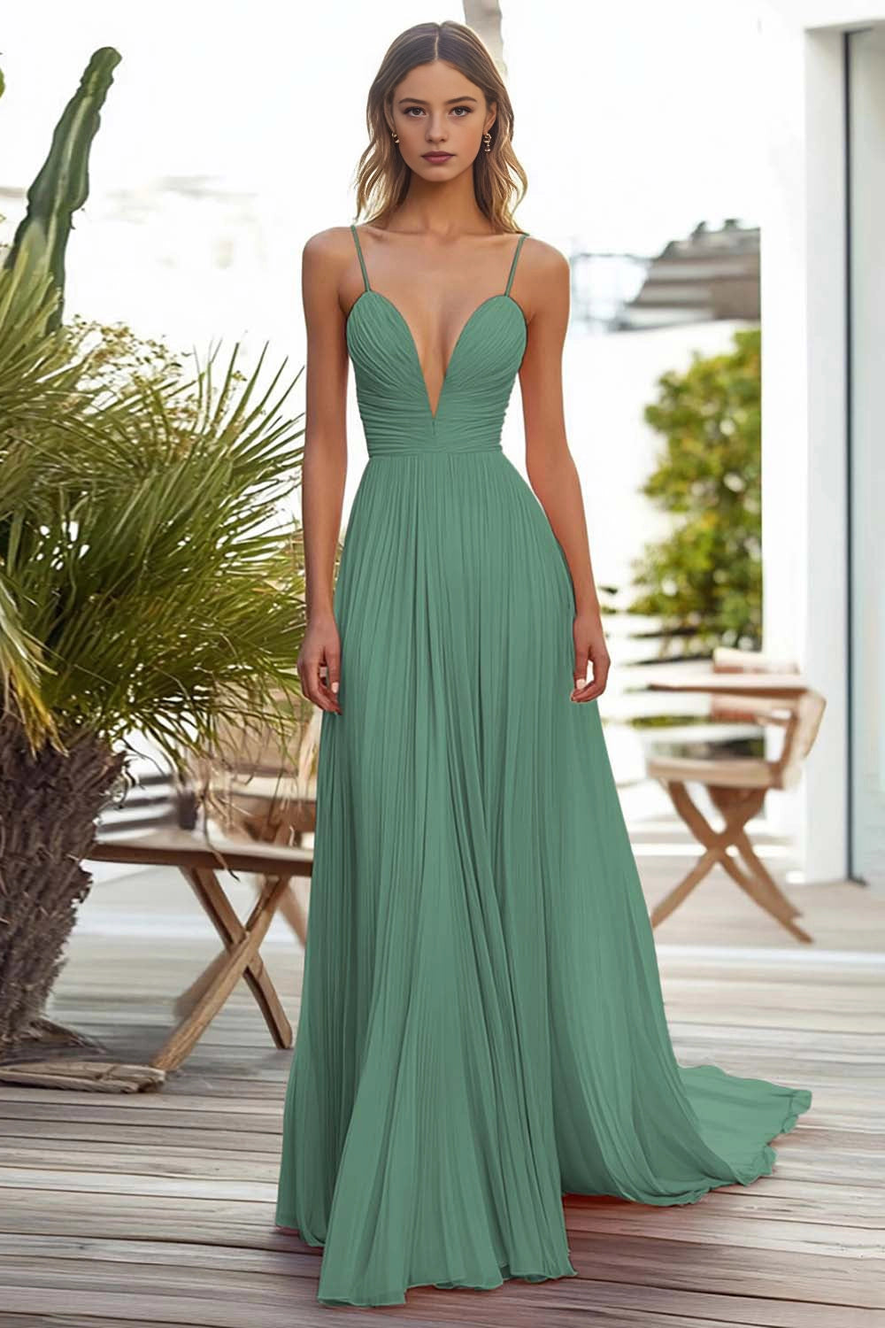 Pleated A Line V Neck Straps Lace Up Back Train Maxi Wedding Guest Dress