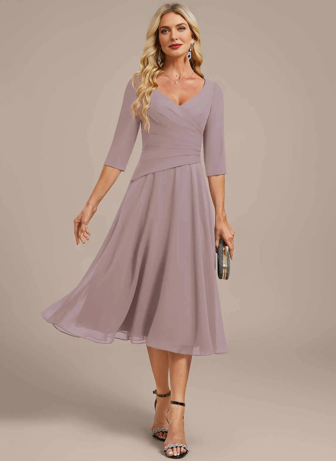 Modest A‑Line V‑Neck 3/4 Sleeve Zipper Back Midi Mother Of The Bride Dress