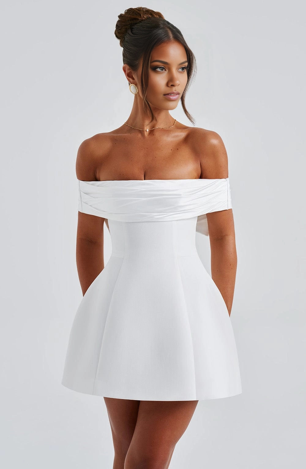 Elegant A-Line Off Shoulder Short Sleeve Big Bow Back Mini Homecoming Dress