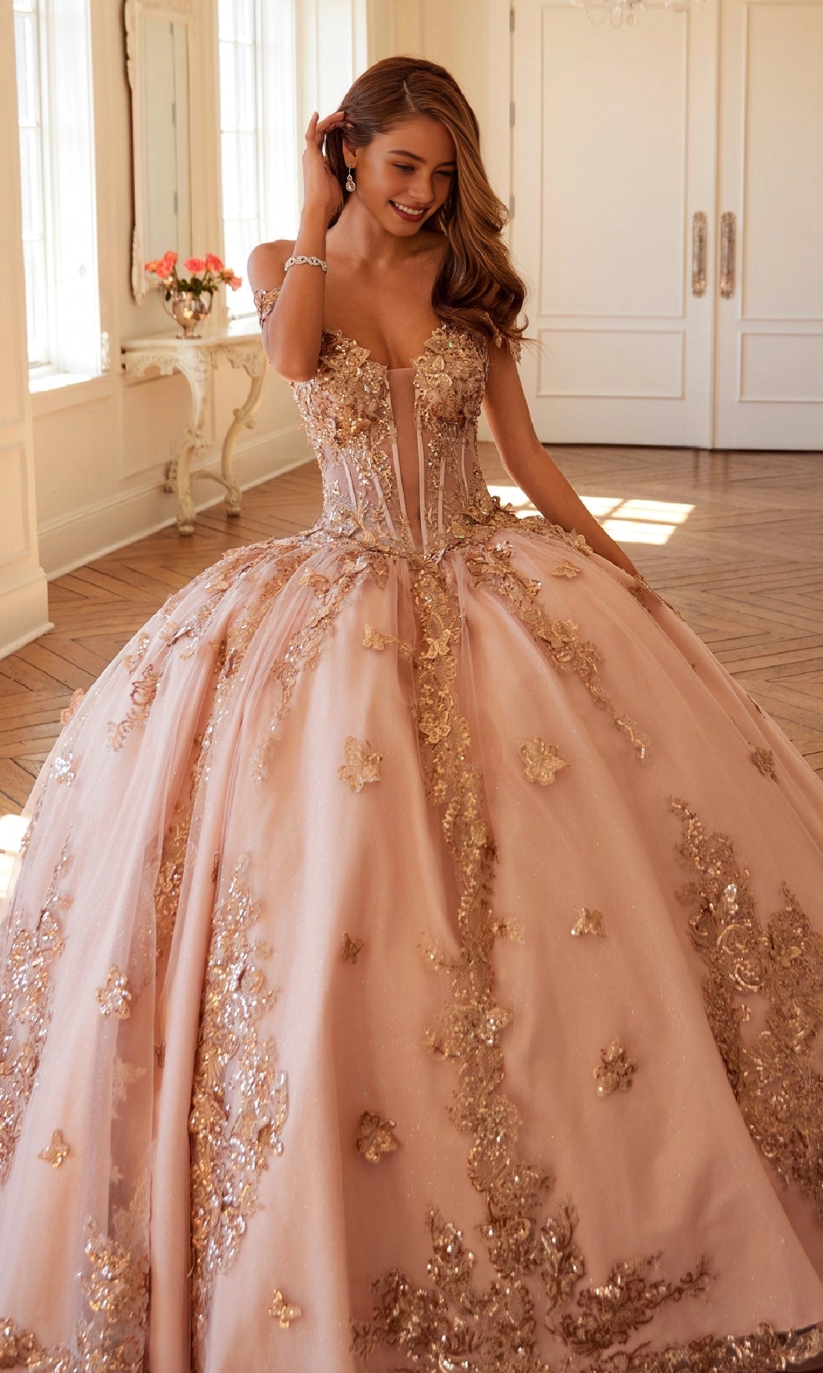 Elegant Ball Gown Off‑Shoulder Ruffle Sleeve Lace‑Up Back Court Train Quinceanera Dress