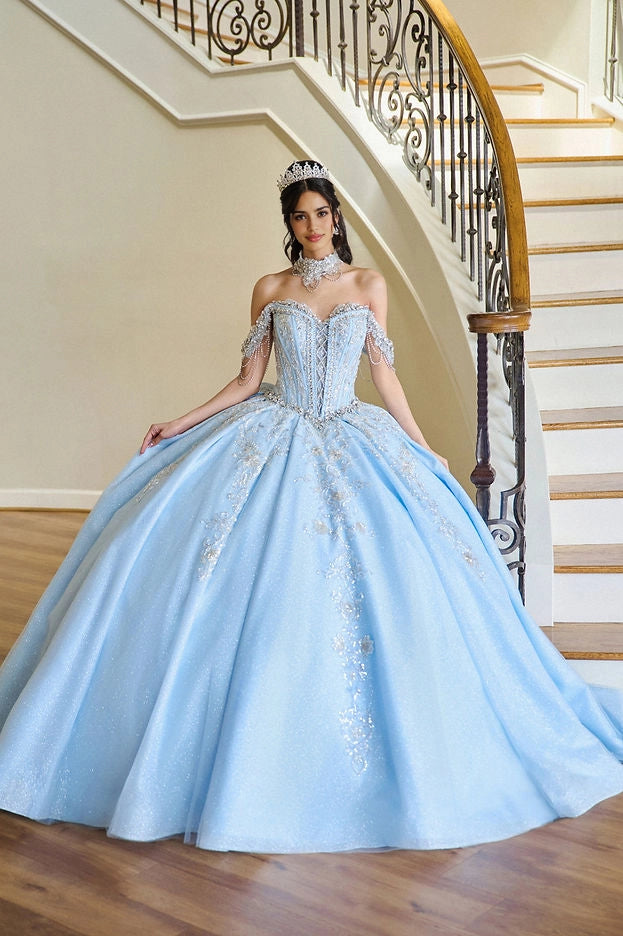Ball Gown Off Shoulder Beaded Bow Train Cinderella Quinceañera Dress