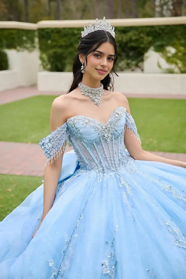 Ball Gown Off Shoulder Sequin Bow Long Train Quinceañera Dress