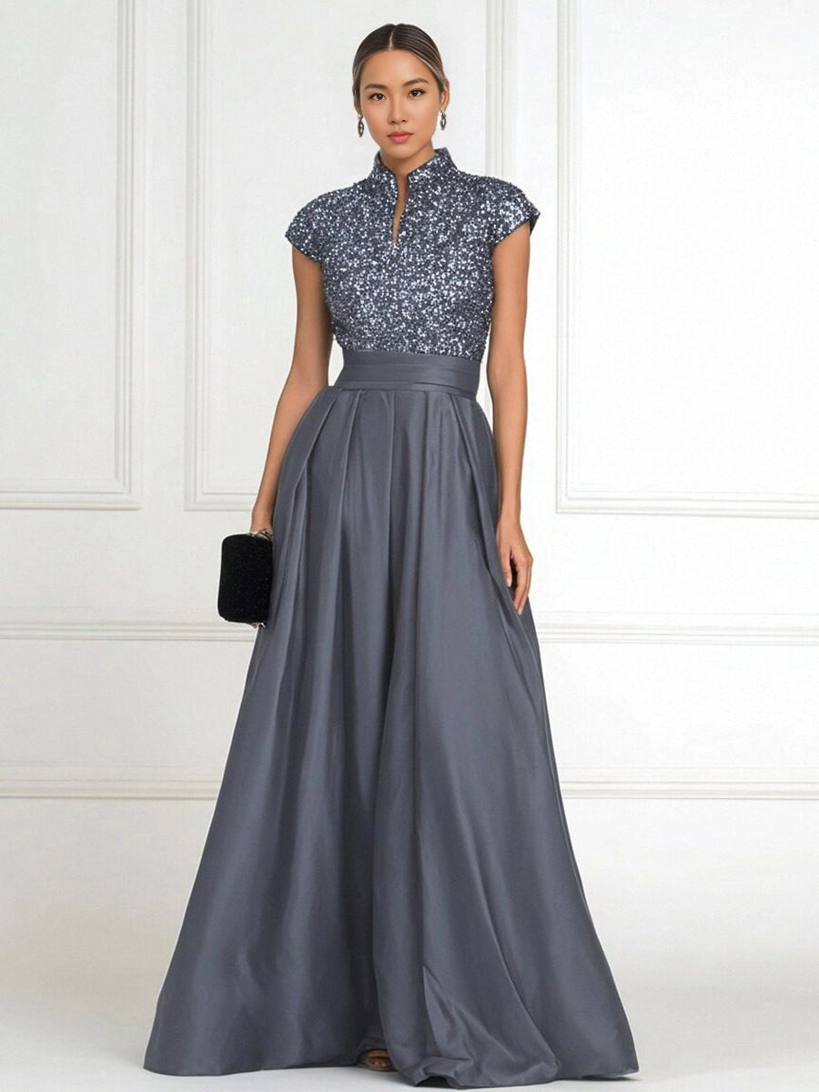 Luxury A-Line High-Neck Cap-Sleeve Zip-Back Floor-Length Plus Size Mother of the Bride Dress