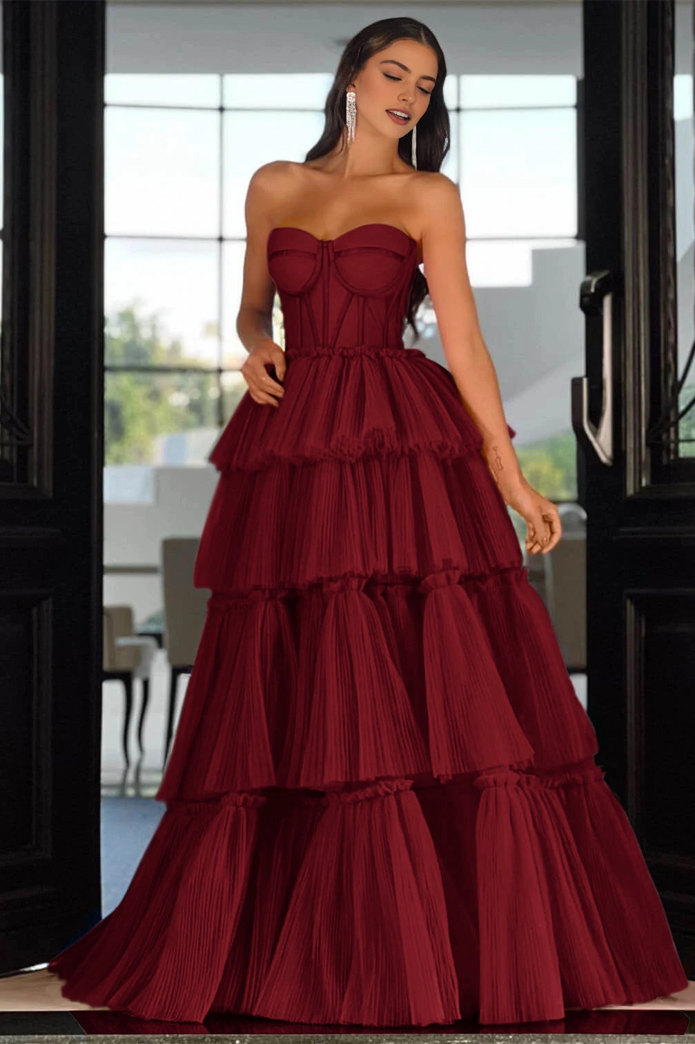 Vibrant Hot‑Pink A‑Line Strapless Sleeveless Lace‑Up‑Back Tiered Floor‑Length Prom Dress
