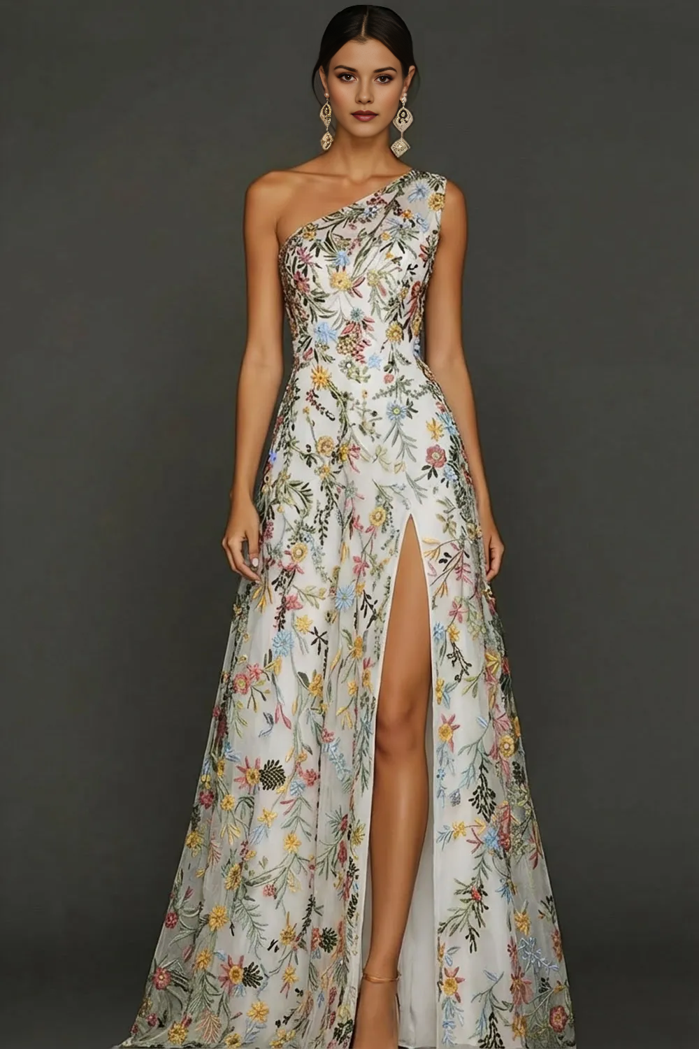 One Shoulder Multicolor Floral Embroidery Tulle A-Line Formal Gown with High Slit