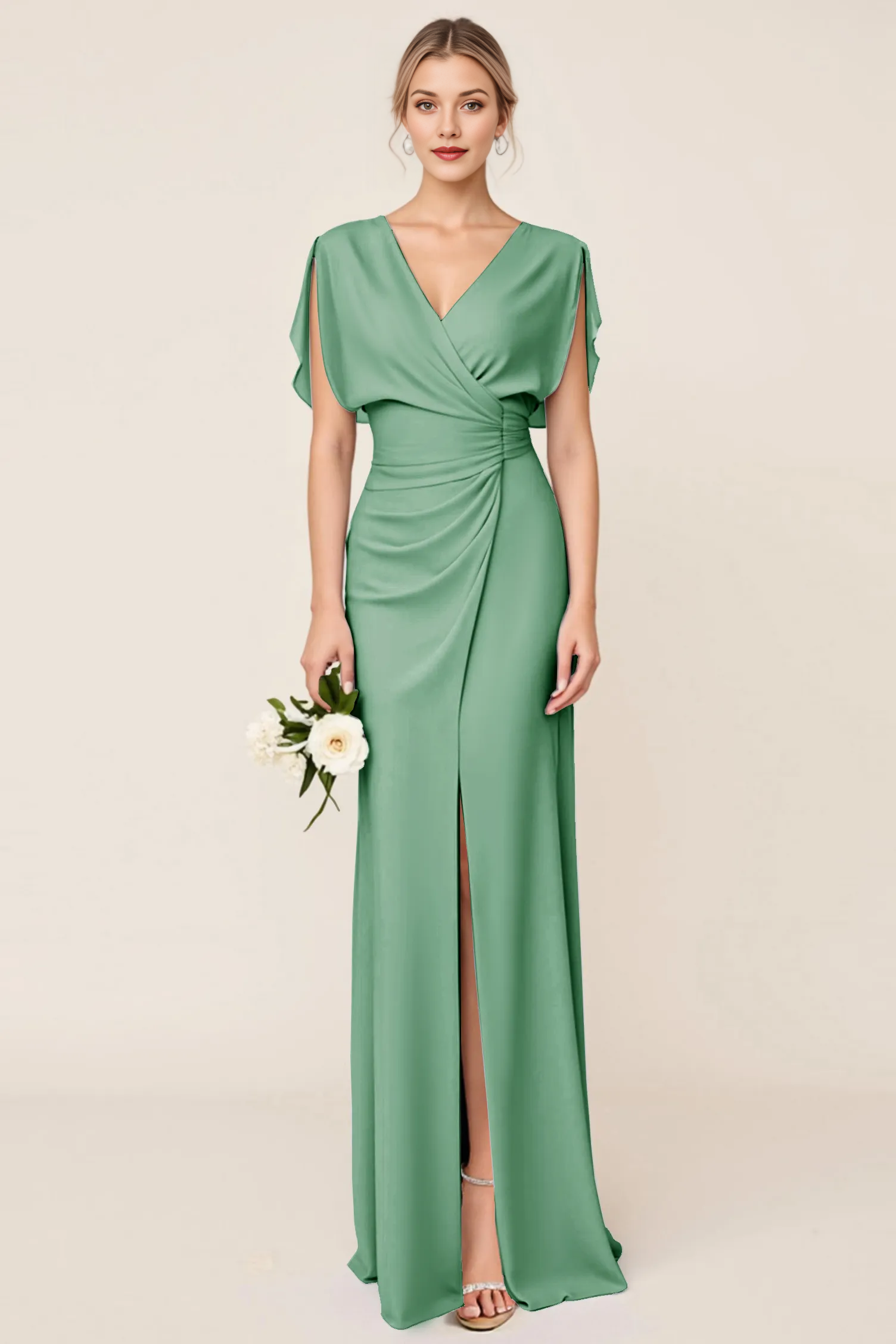 V-Neck Draped Sleeve Chiffon Bridesmaid Dress with Ruched Waist & Slit