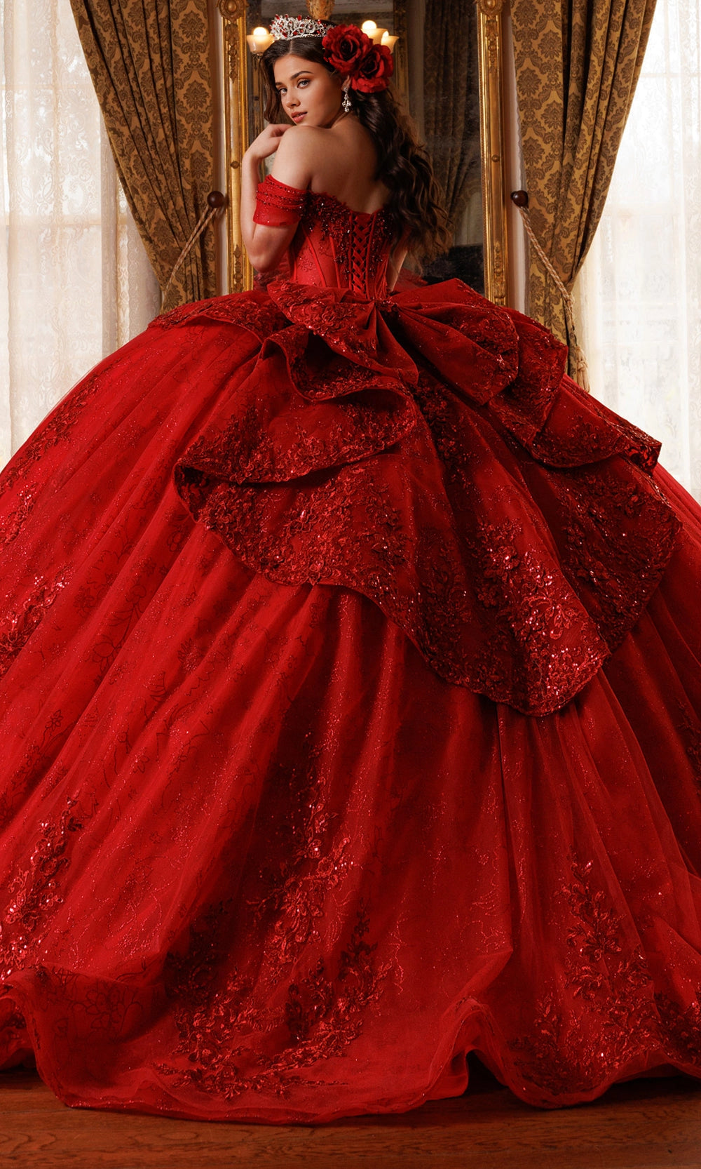 Luxury Ball Gown Off‑Shoulder Short Sleeve Lace‑Up Back Sweep Train Quinceanera Dress