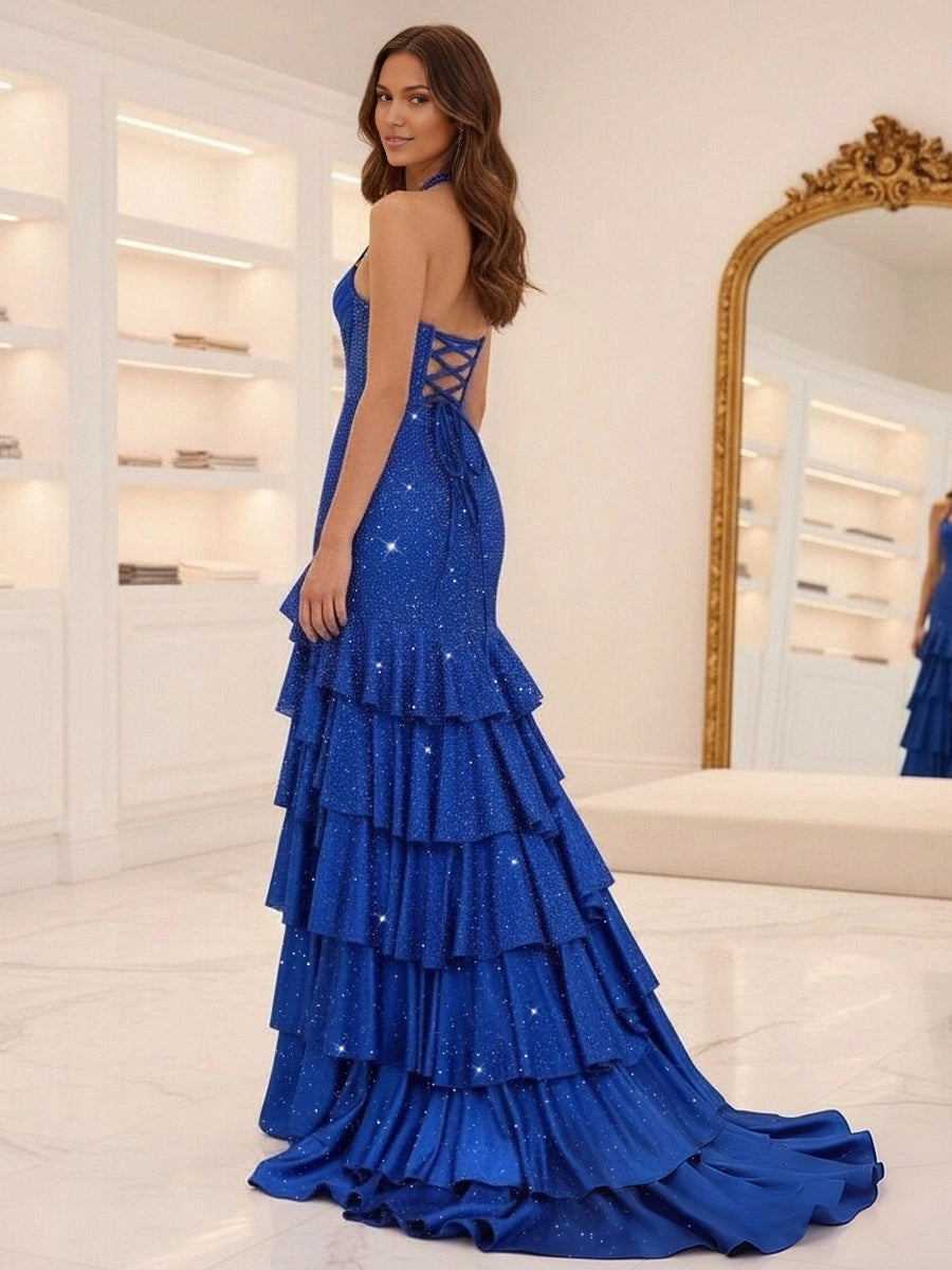 Stunning Mermaid Cowl‑Square Halter Sleeveless Corset‑Back Floor‑Length Prom Dress