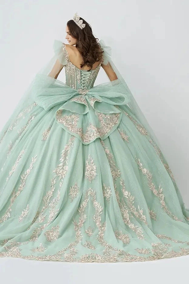 Ball Gown V Neck Tulle Strap Corset Back Train Quinceañera Dress