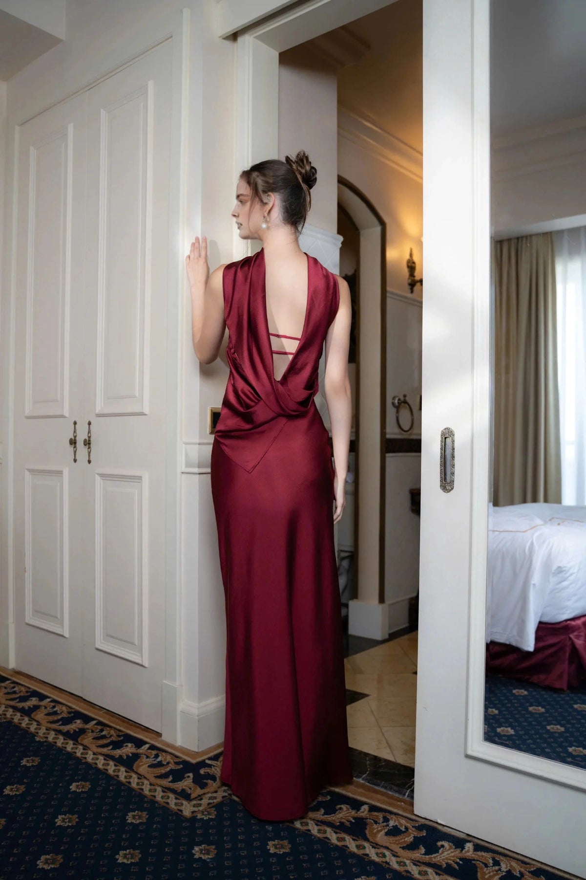 Sheath Satin Halter Draped Open‑Back Floor‑Length Maxi Prom Dress