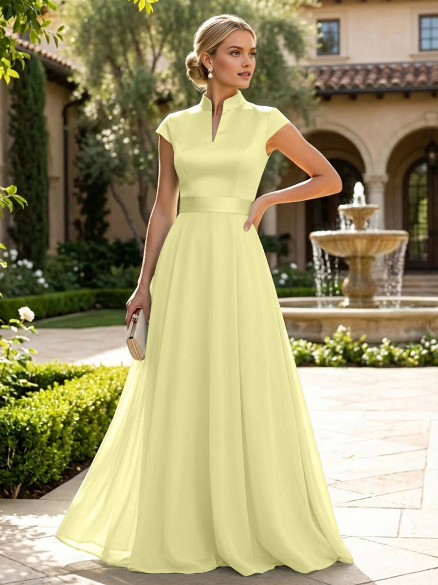Elegant Sage A‑Line Stand‑Collar Cap‑Sleeve Zip‑Back Floor‑Length Mother Of The Bride Dress
