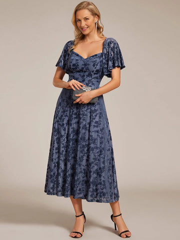 Dusty‑Blue A‑Line Sweetheart Flutter‑Sleeve Smocked‑Back Midi Mother Of The Bride Dress