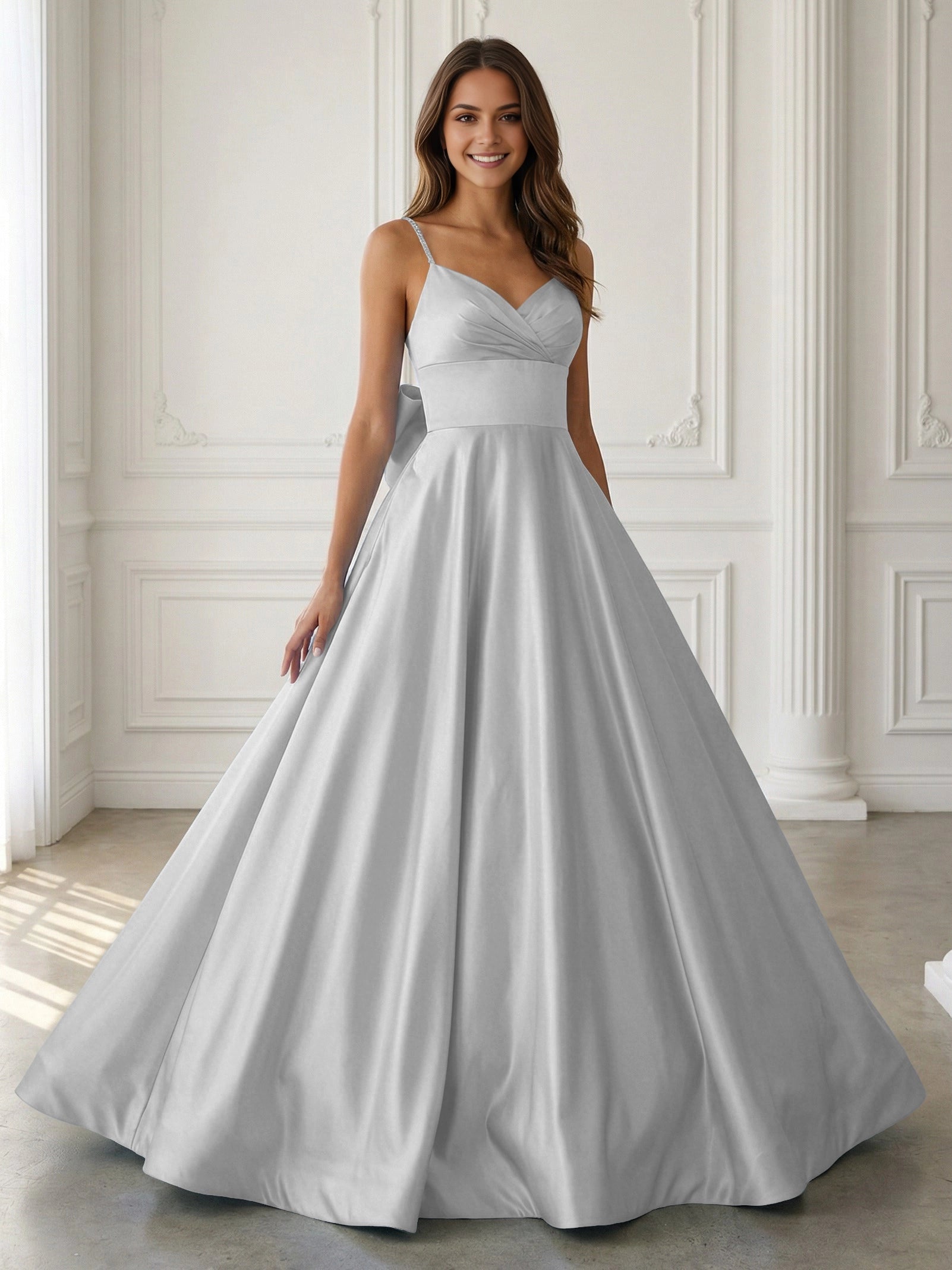 Elegant A‑Line V‑Neck Beaded‑Strap Sleeveless Bow‑Back Floor‑Length Prom Dress