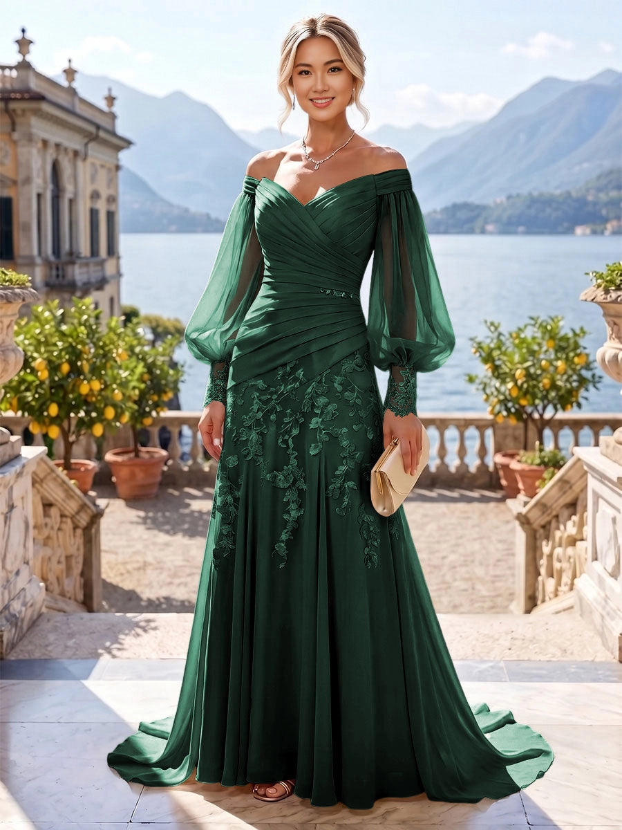 Romantic Mermaid Off-Shoulder Puff-Sleeve Zip-Back Sweep-Train Plus Size Mother of the Bride Dress