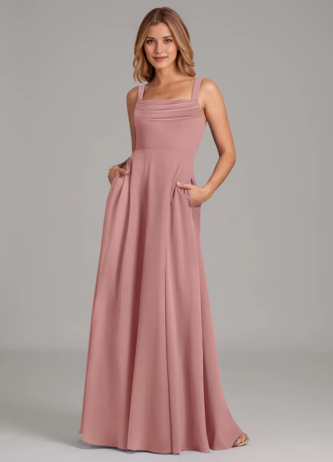 Square Neck Pleated Bodice Chiffon A-Line Floor-Length Bridesmaid Dress with Pockets