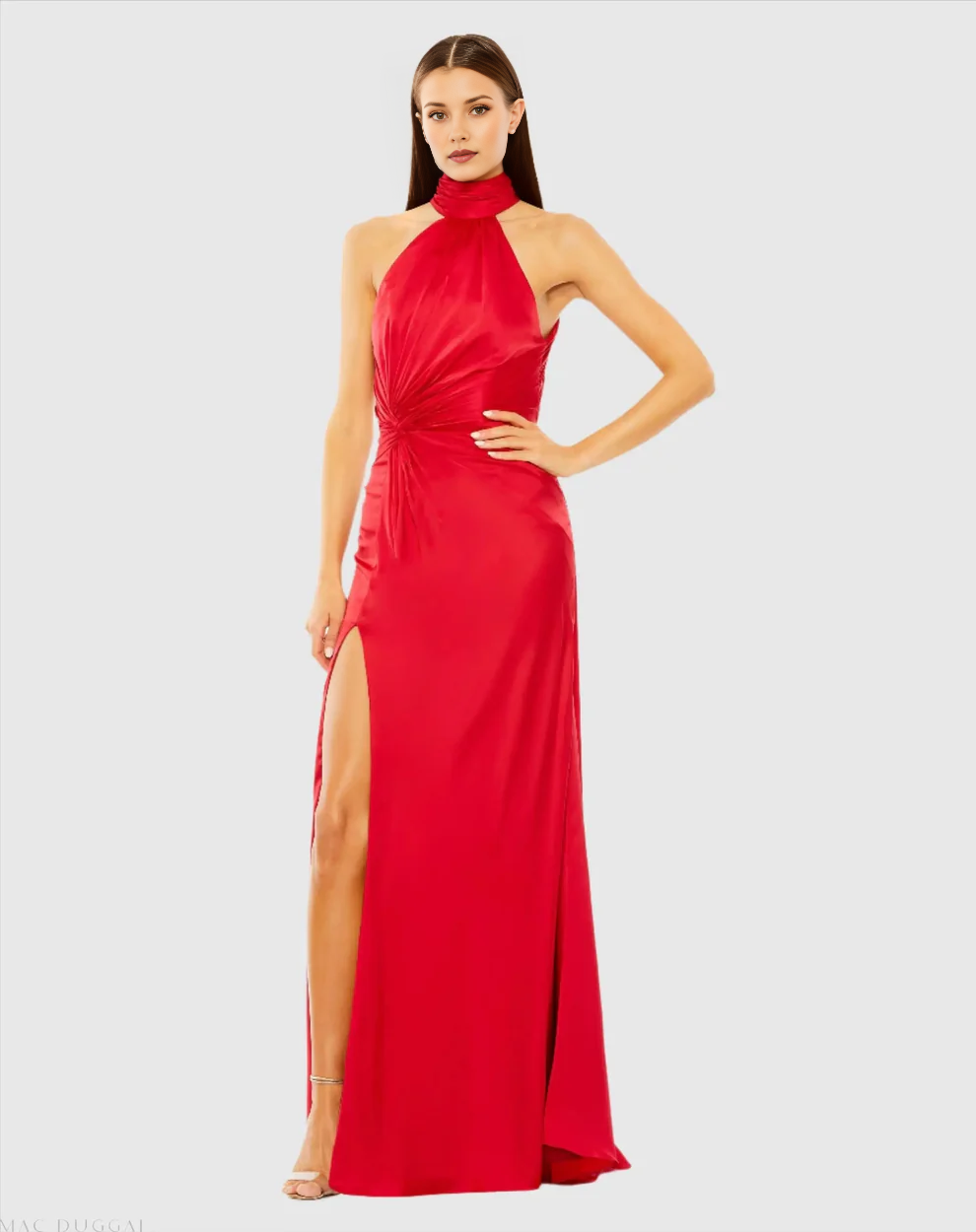 Halter Neck Twist Waist Satin Gown with Open Back & High Slit