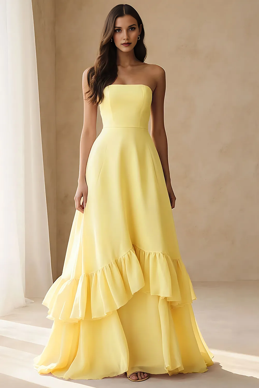 Strapless Tiered Ruffle Chiffon A-Line Formal Evening Gown