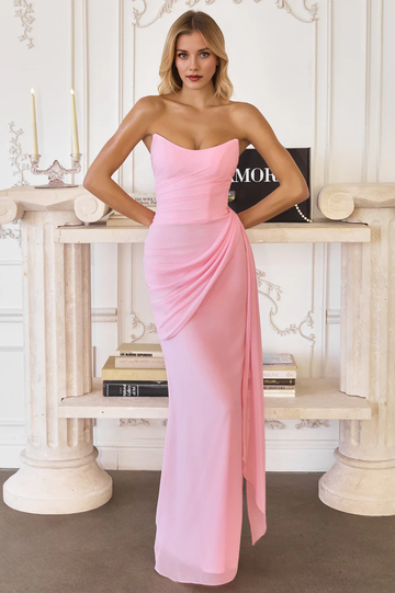 Strapless Ruched Chiffon Mermaid Evening Gown with Draped Sash - Formal Prom & Wedding Guest Dress