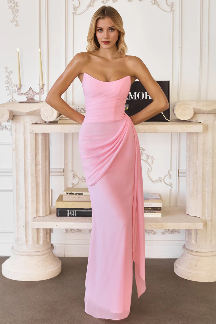 Vestido de noche de gasa fruncido sin tirantes con cola de sirena y fajín drapeado - Vestido formal para fiesta de graduación e invitada de boda