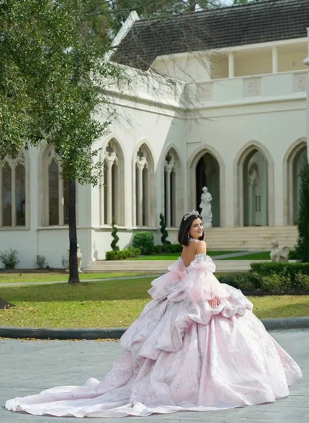 Sequined Ball Gown Sweetheart Off Shoulder Puff Sleeve Corset Train Quinceañera Dress