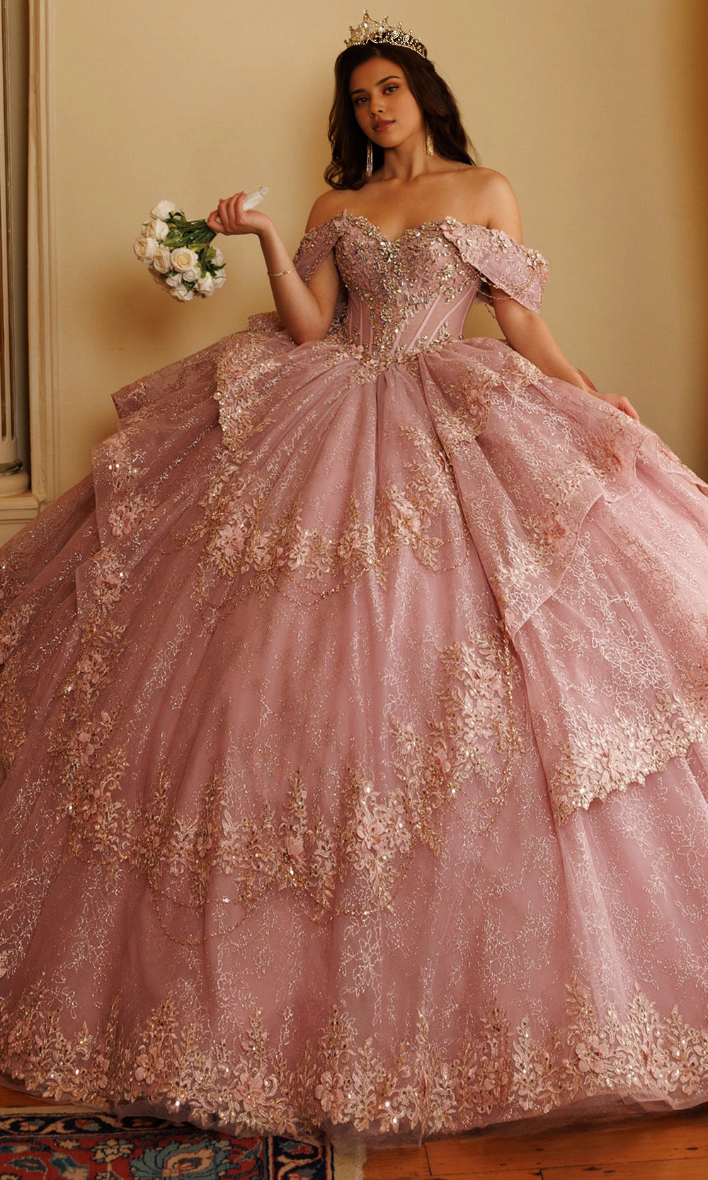 Regal Ball Gown Off‑Shoulder Chain Sleeve Lace‑Up Back Cathedral Train Quinceanera Dress
