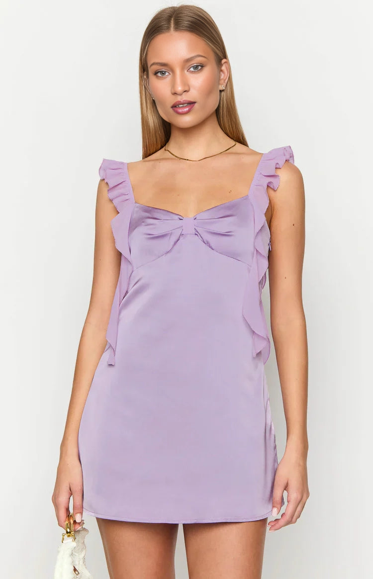 A-line bow ruffle strap plain back mini homecoming dress