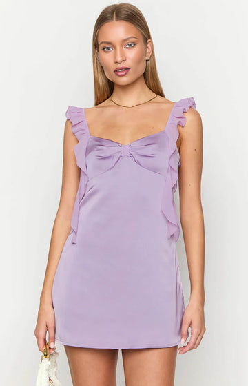 A-line bow ruffle strap plain back mini homecoming dress
