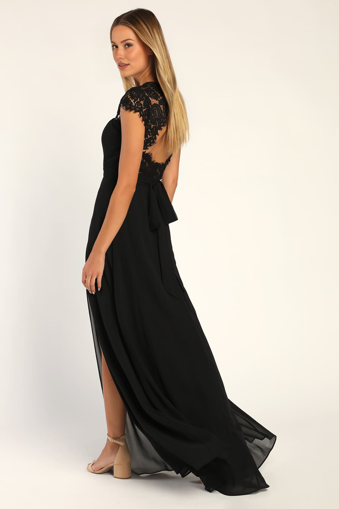 Elegant Backless Spaghetti Strap Sweetheart Slit Maxi Dress with Lace Trim Chiffon Backless Bridesmaid Dresses