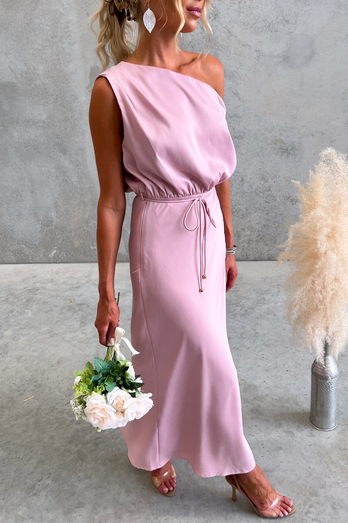 Women's Elegant One-Shoulder Satin Maxi Dress Coctail Bridesmaid Dresses with Side Draping and Waist Tie Detail