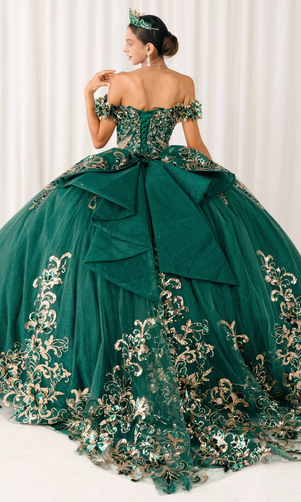 Glam Ball Gown Off‑Shoulder Floral Sleeve Lace‑Up Back Sweep Train Quinceanera Dress