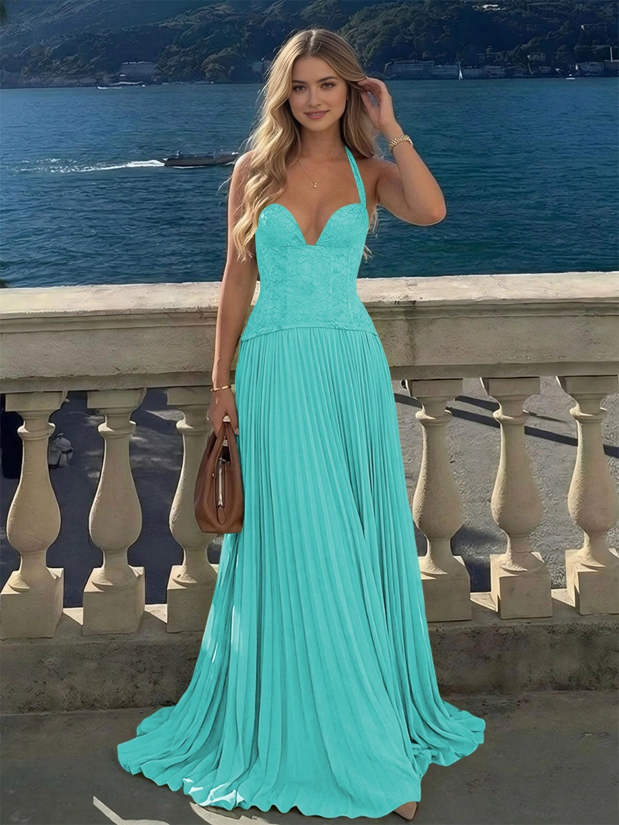 Bohemian A‑Line Halter Lace Criss‑Cross‑Back Floor‑Length Bridesmaid Dress