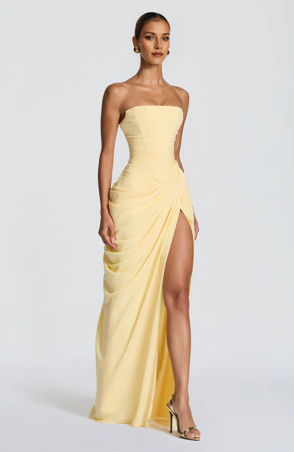 Vestido maxi de sirena sin tirantes, fruncido, drapeado, con abertura alta y espalda con cordones