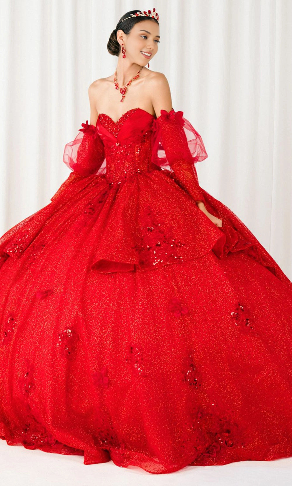Dusty Pink Ball Gown Strapless Off‑Shoulder Puff Long Sleeves 3D Floral Big Bow Long Train Quinceanera Dress