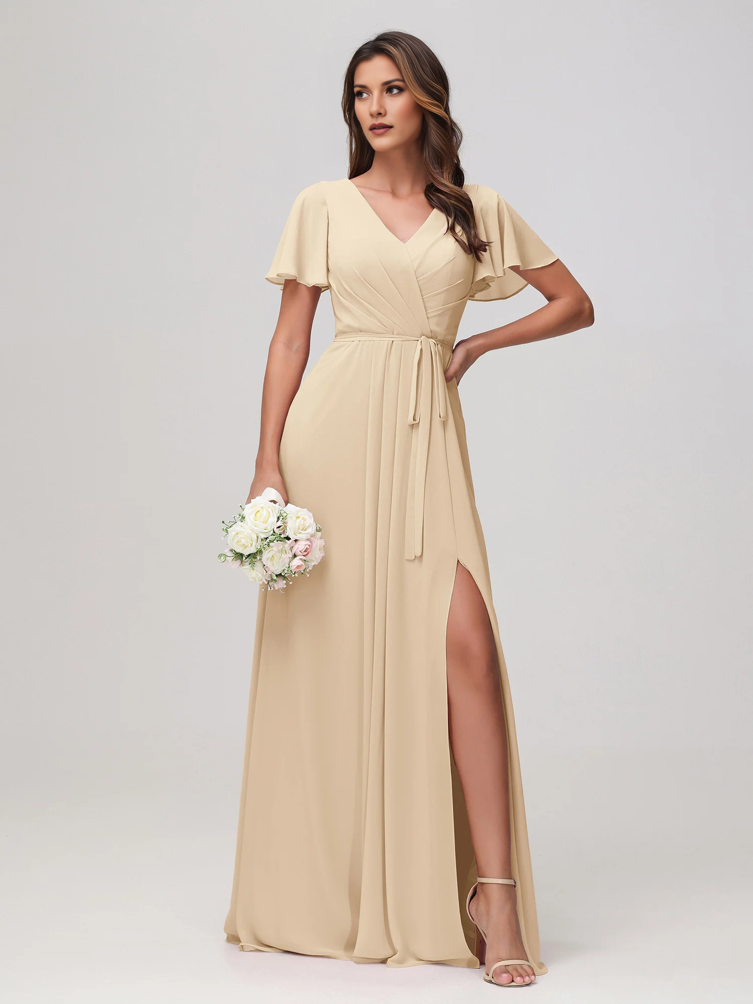 Flutter Sleeve Chiffon V-Neck Bridesmaid Dress with Waist Tie & High Slit