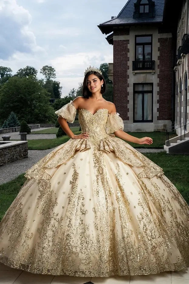Gold Ball Gown Sweetheart Off Shoulder Corset Back Train Quinceañera Dress