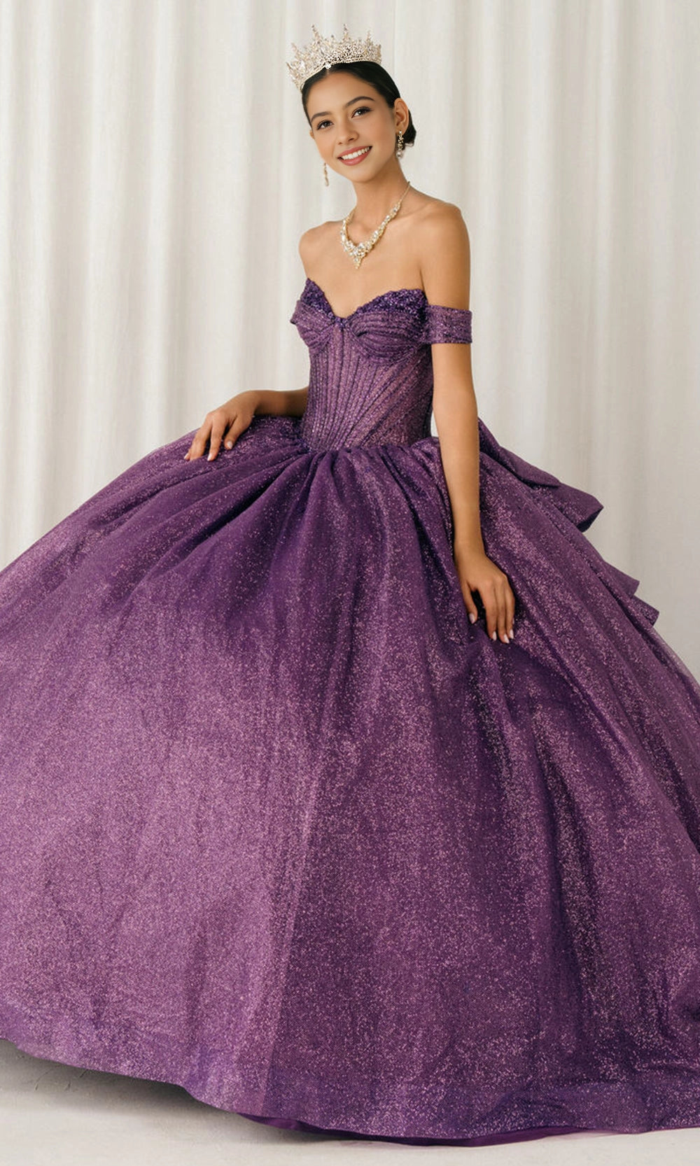 Luxurious Ball Gown Off‑Shoulder Short Sleeve Lace‑Up Back Cathedral Train Quinceanera Dress