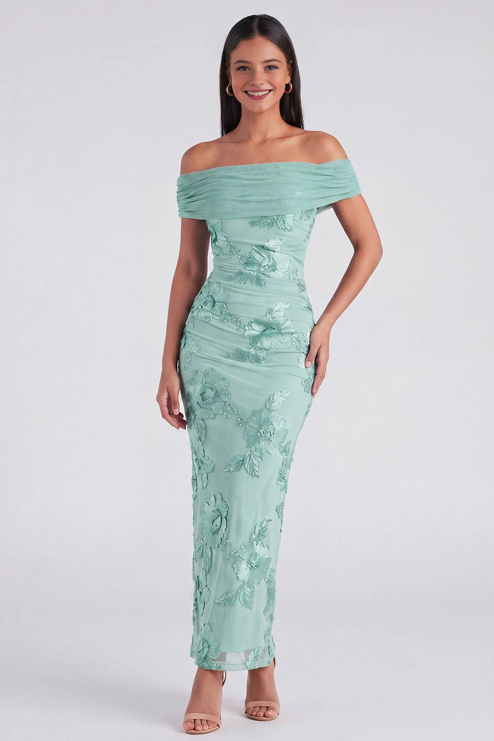 Embroidered Sheath Off-shoulder Sleeveless Zip Back Maxi Wedding Guest Dress