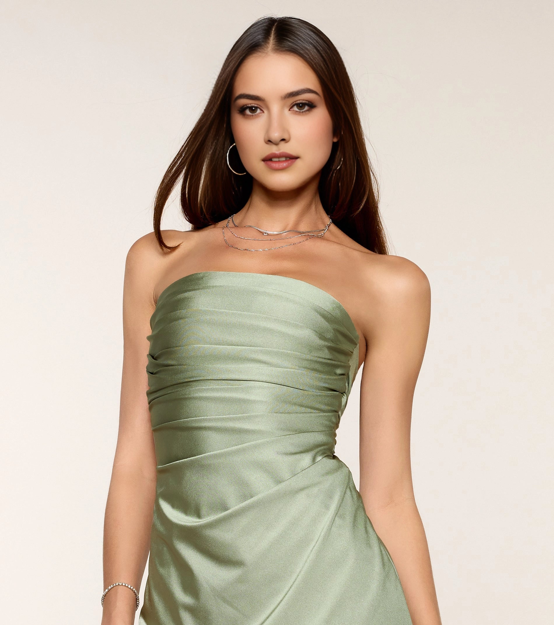 Olive Satin Bodycon Strapless PlainBack Bow Mini Homecoming Dress