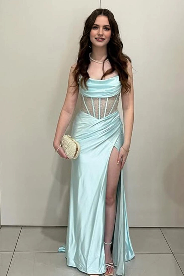 Glamorous Mermaid Cowl Spaghetti‑Strap Lace‑Up‑Back Long Prom Dress