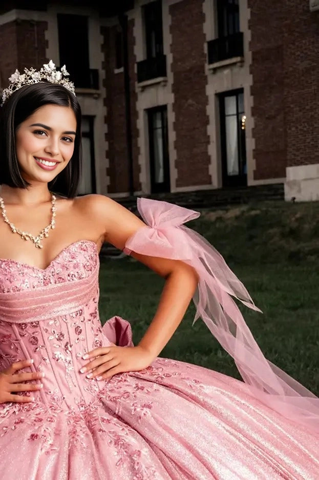 Glitter Ball Gown Sweetheart Off Shoulder Bow Corset Train Quinceañera Dress