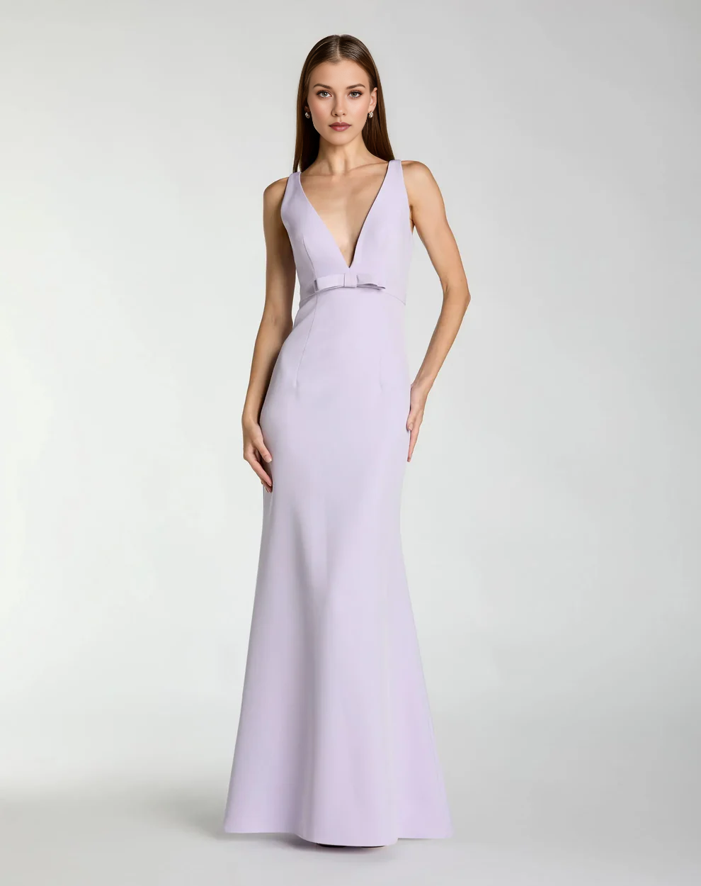 Sleeveless Deep V-Neck Mermaid Gown with Waist Bow Detail