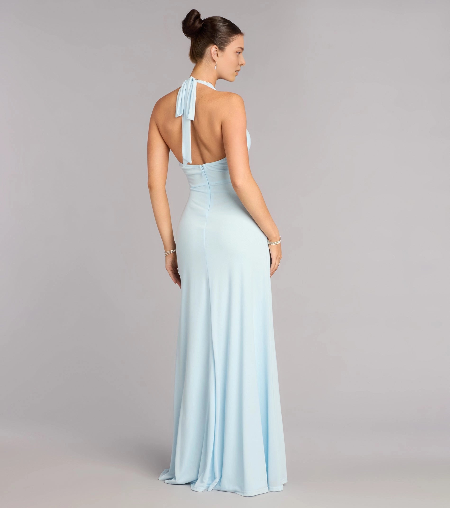 Sage Green A-Line Deep V Halter Tie Back Long Prom Dress