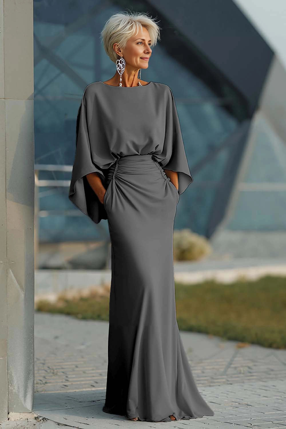 Satin Mermaid Boat Neck Dolman Deep V Back Maxi Wedding Guest Dress