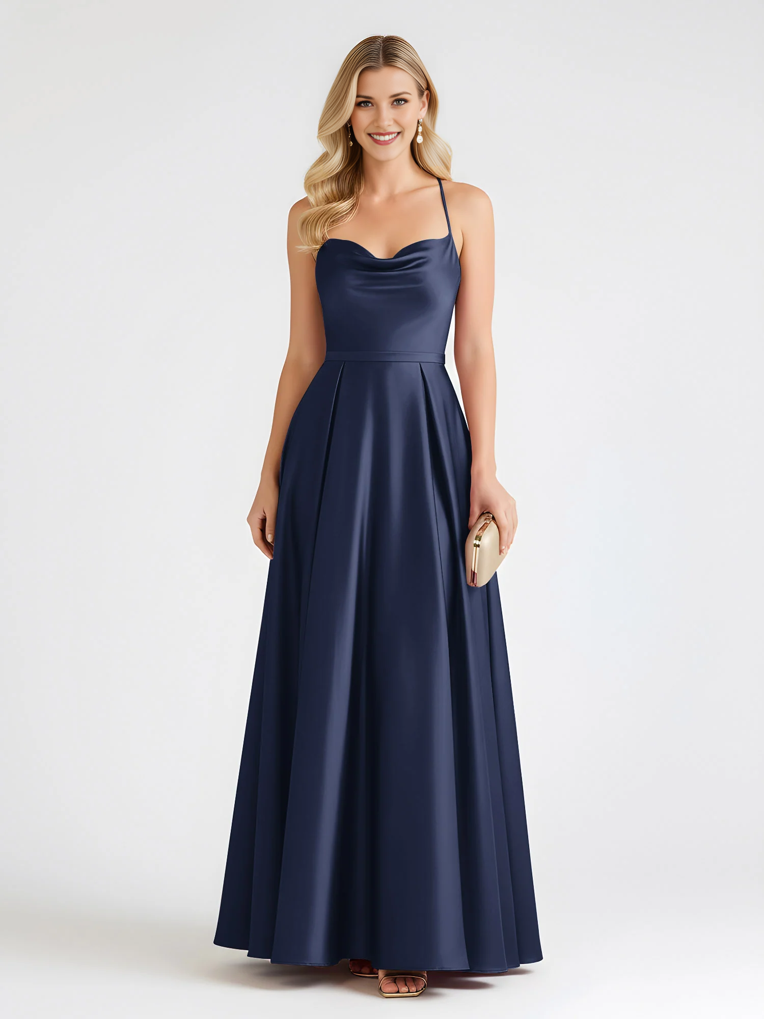 Spaghetti Strap Cowl Neck Satin A-Line Floor-Length Bridesmaid Dress with Crisscross Back