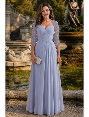 Sweetheart Neckline Beaded Illusion Three-Quarter Sleeve Chiffon A-Line Floor-Length Mother of the Bride Dress