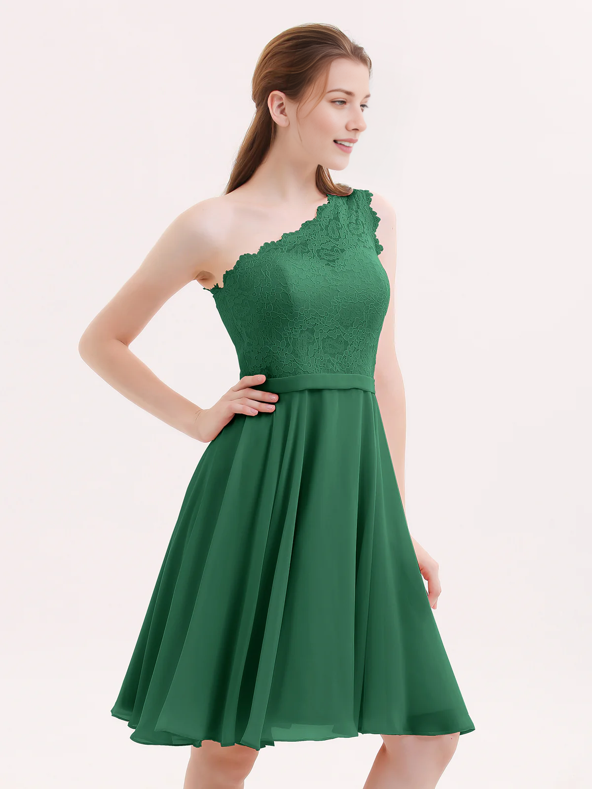 One Shoulder Lace Top A-Line Knee-Length Chiffon Bridesmaid Homecoming Short Dress