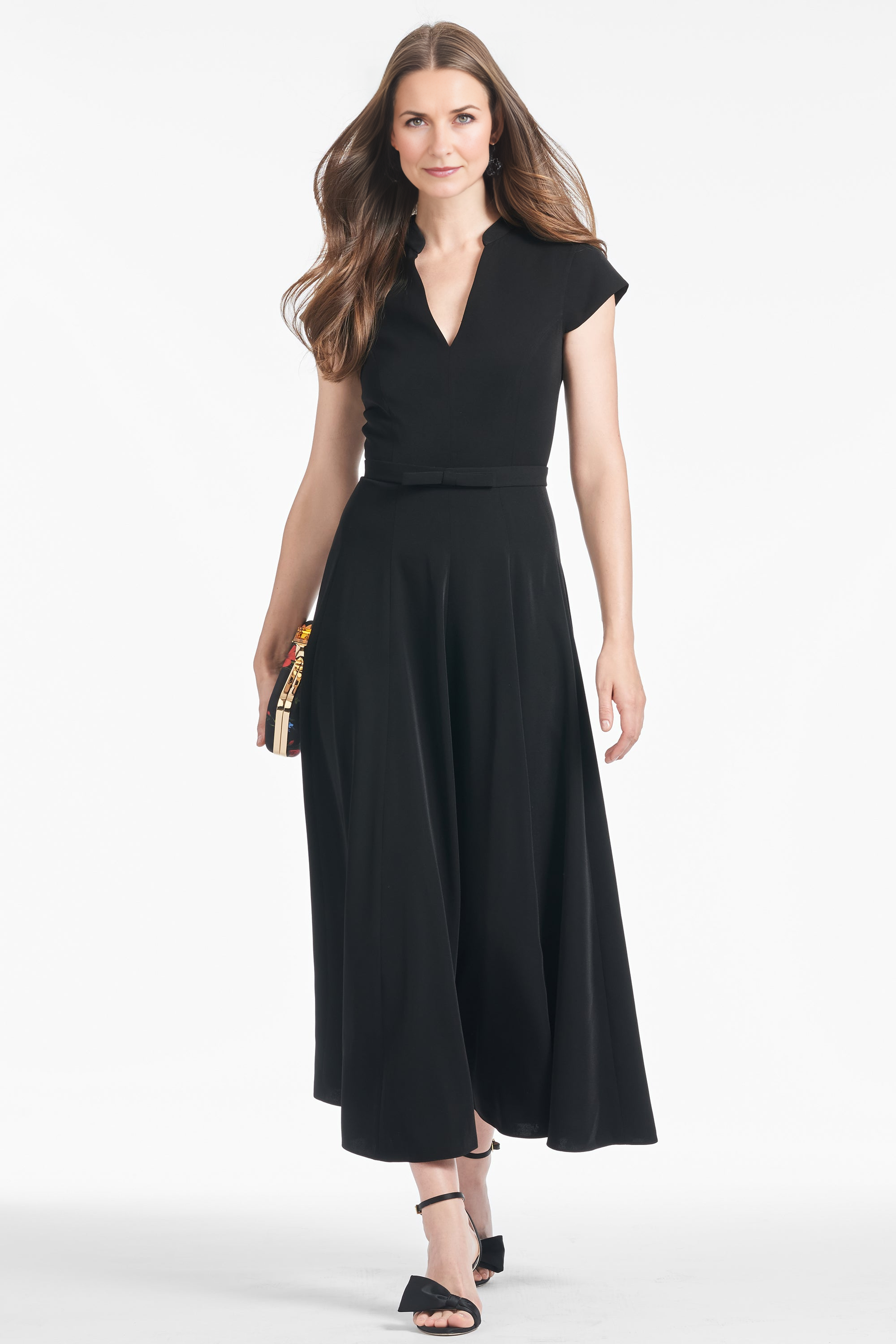 Women's V-Neck Short Sleeve Stretch Crepe Belted Maxi Dress Party Mother of the Bride Wedding Guest Dresses
