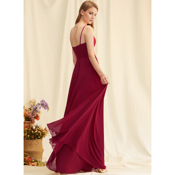 Spaghetti Strap V-Neck Chiffon Bridesmaid Dress - A-Line Floor-Length Formal Gown for Wedding Guest
